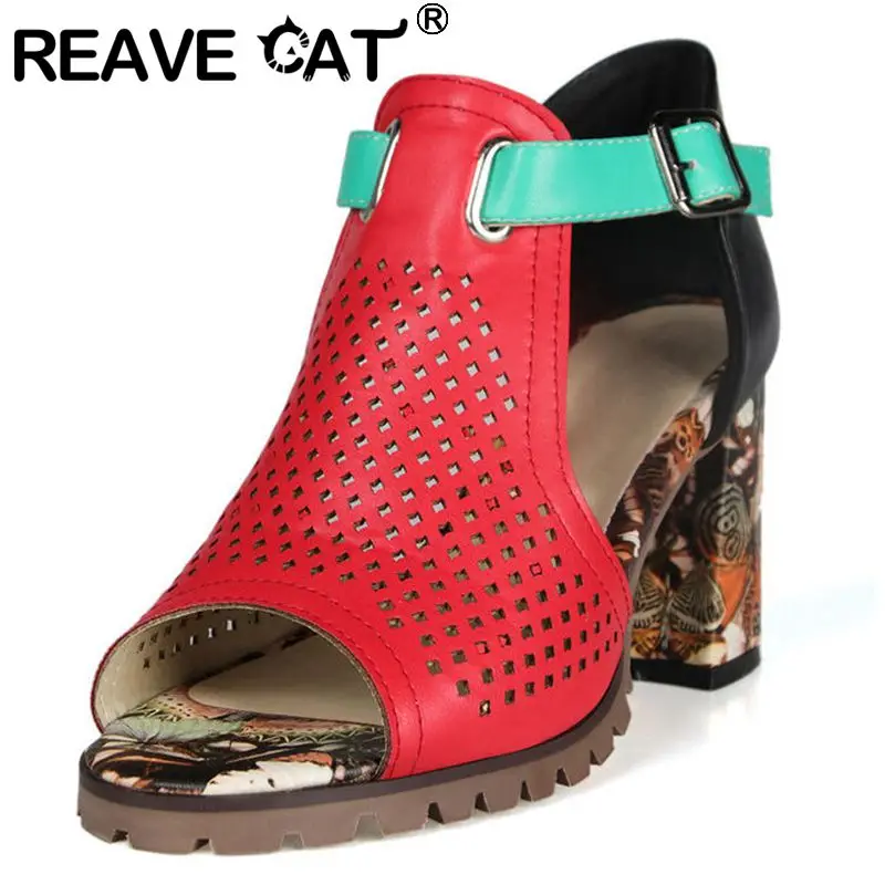 REAVE CAT 2022 Fashion Women Shoes Sandals Peep Toe Heels Buckle Straps Big Size 34-43 Mix Color Red Leisure S3690