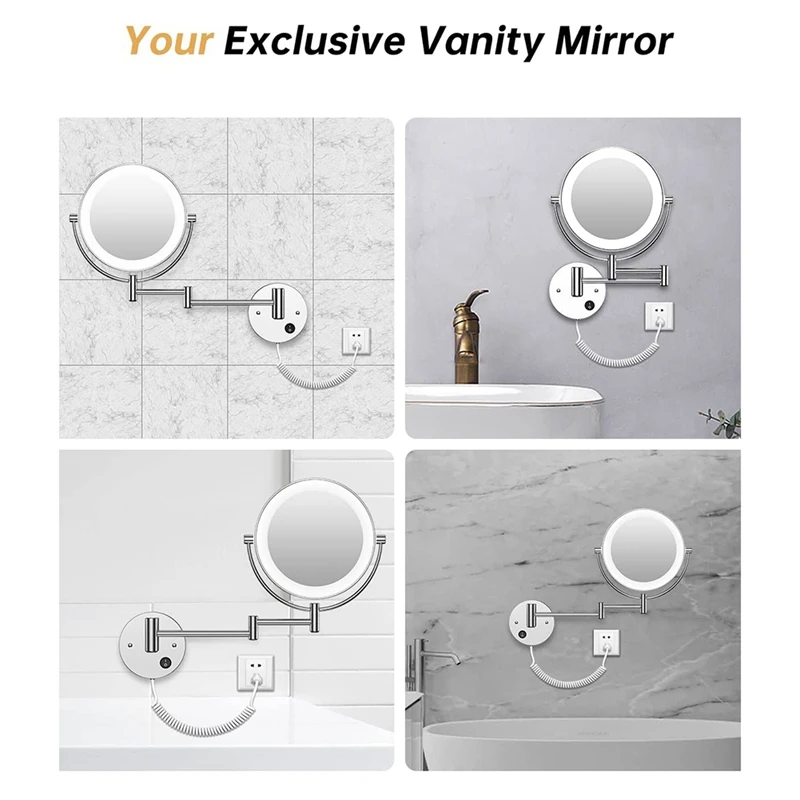 Miroir Mural LED Rond Double Face Grossissant 1X/10X avec Bouton Lumineux, Prise US Chromée, 360