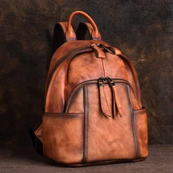 Genuine Leather Backpack Rucksack for Women Designer Luxury Travel Retro Laptop Female Real Cowhide School Book Bag Knapsack