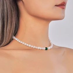 HENGSHENG 6-7mm Natural Freshwater White Pearl Threaded Baroque Pearls 925 Sterling Silver Green Agate For Women Girls Jewelry