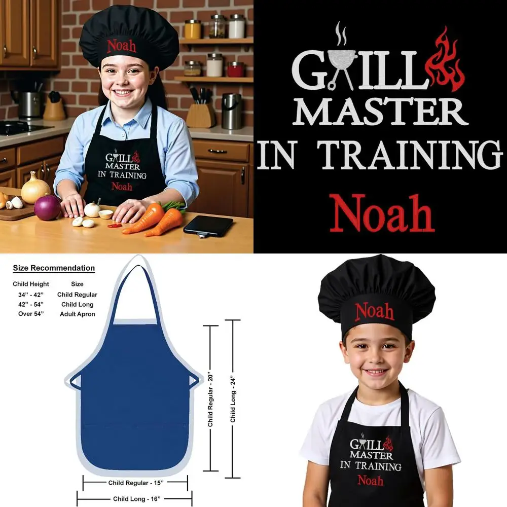 

Custom Embroidered Premium Child Apron & Chef Hat for Kitchen Fun (Grill Master Training, Long with Hat)
