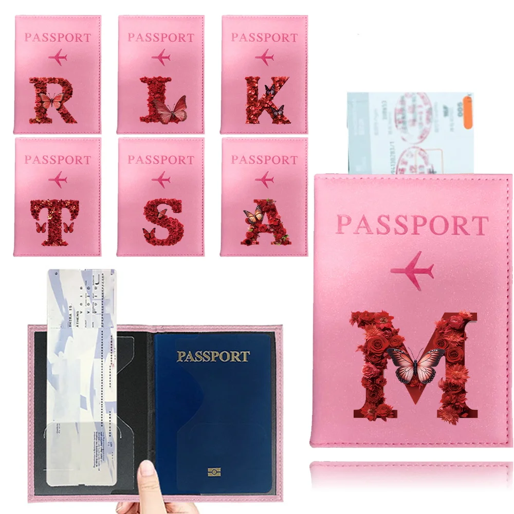 Fashion Women Men Passport Cover Pu Leather Red Rose Lettern Style Travel IDCredit Card Passport Holder Pouch Travel Accessories