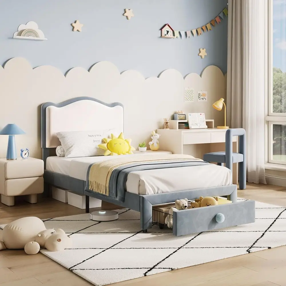 Upholstered Twin Bed Frame with Storage Drawer & Scallop Headboard, Princess Twin Size Platform Bed Frames for Kids Girls, Woode