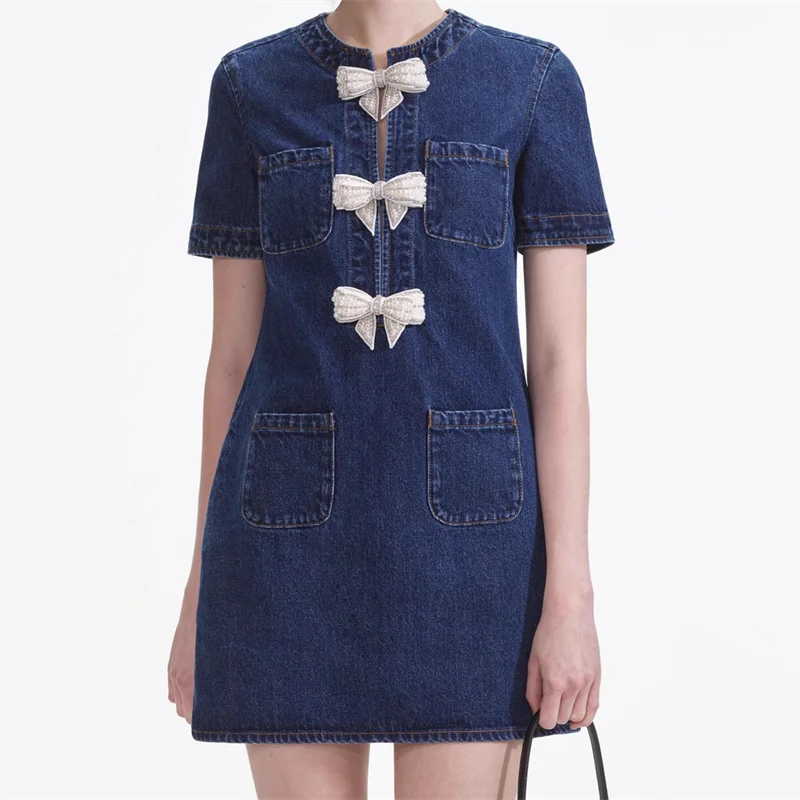 

Womens dresses New retro pure cotton mini dress for summer 2025 Crystal bow decorative short dresses Short sleeved party dresses