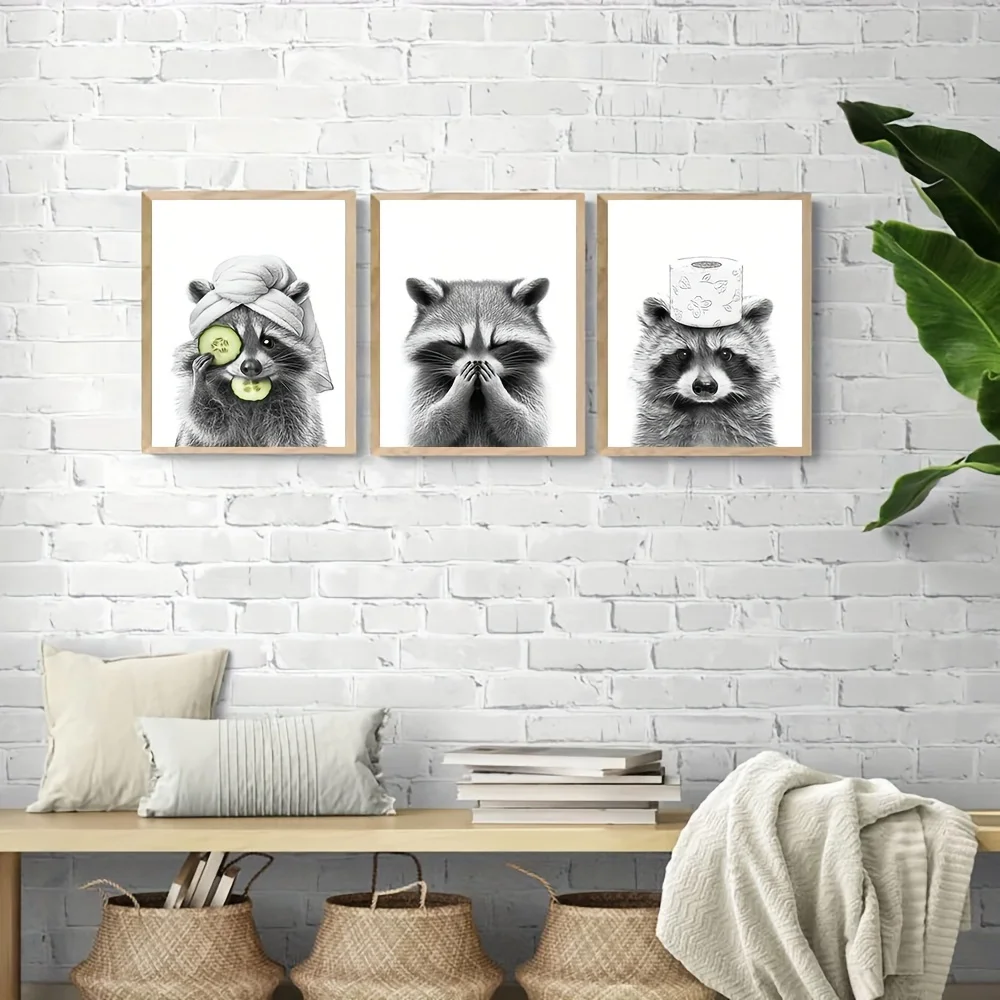 น่ารัก Raccoon ห้องน้ํา Wall Art ชุด 3, ตกแต่งสนุกตลกห้องน้ําพิมพ์, ห้องน้ําตลกสัตว์โปสเตอร์