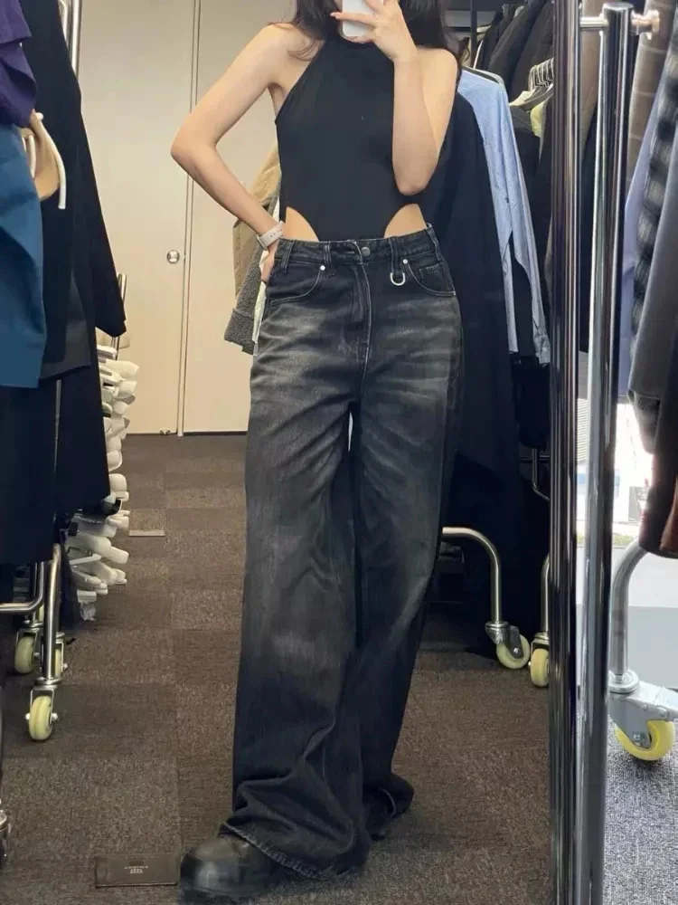 Y2K Women Vintage Streetwear Korean Baggy Black Jeans Retro Straight Parachute Pants Denim Trousers Fairy Grunge Alt Clothes