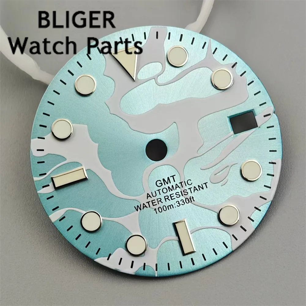 BLIGER jam tangan 29mm NH34 Dial biru langit dengan Set tangan hijau bercahaya cocok untuk bagian pengganti jam tangan gerakan NH34