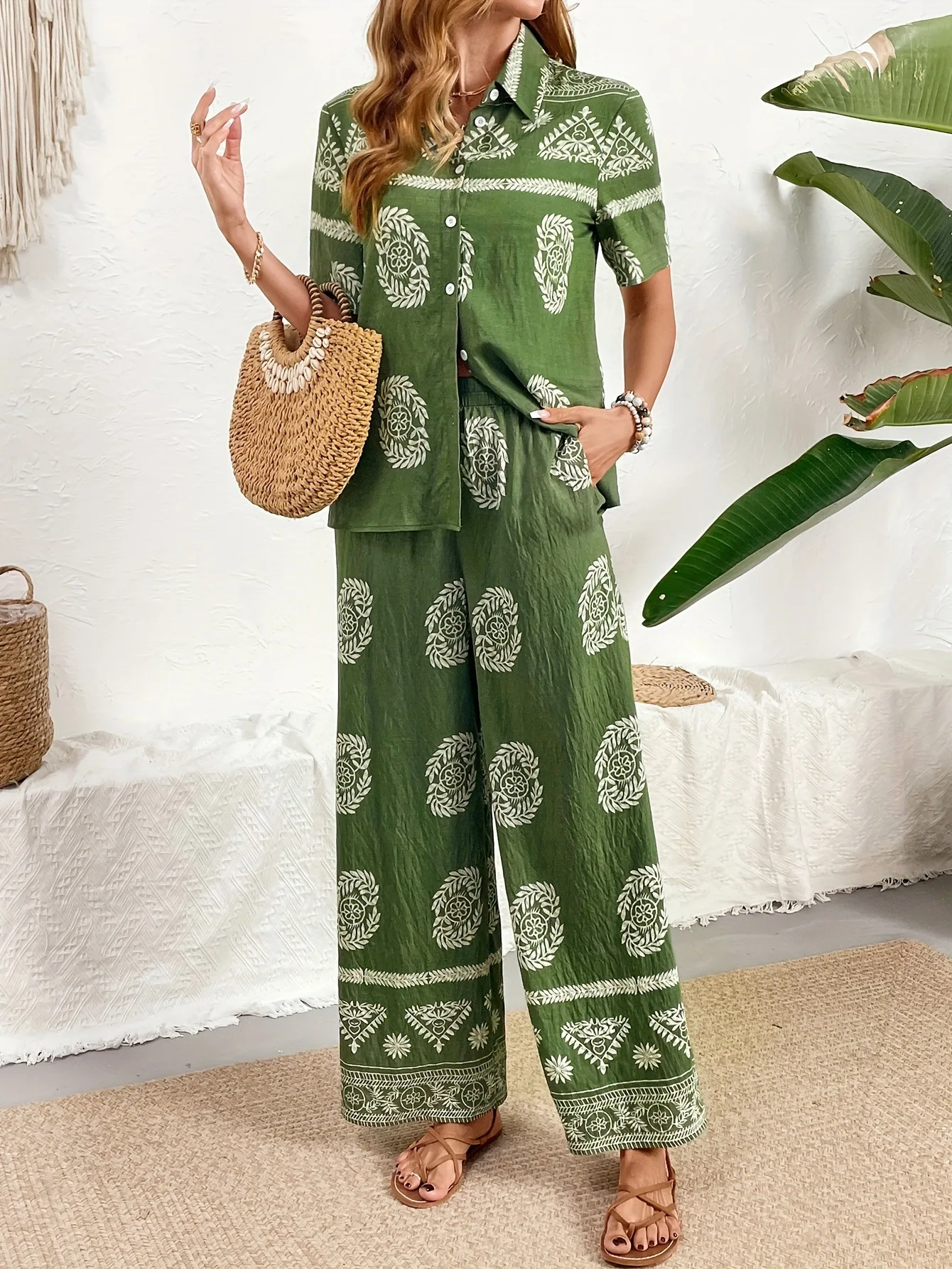 

Graphic Print Green Pants Sets Women Single Breasted Lapel Collar Short Sleeve Blouse Summer Casual Fashion Wide Leg 2 Piece Set