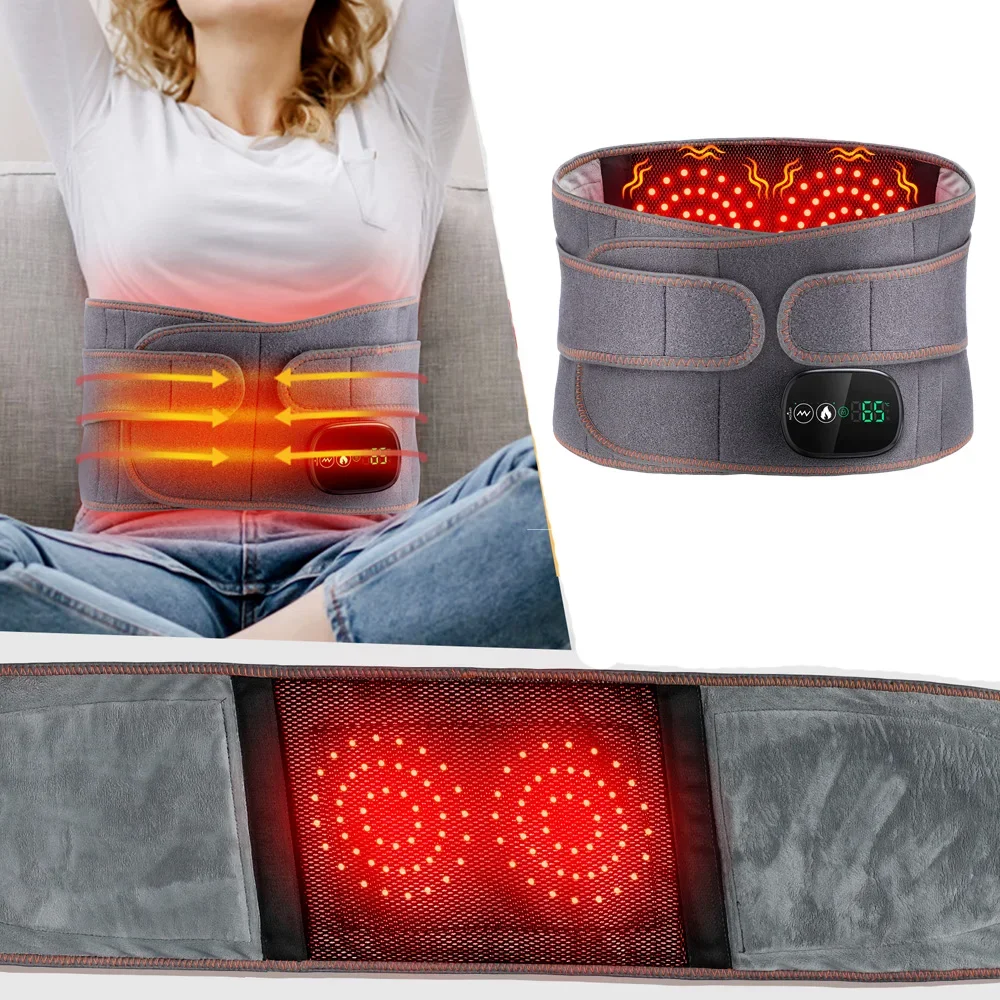 Cinto de suporte para costas com luz vermelha, cinta de aquecimento para cintura com 3 níveis de massagem aquecida, aquecedor de abdômen, almofada de suporte lombar sem fio
