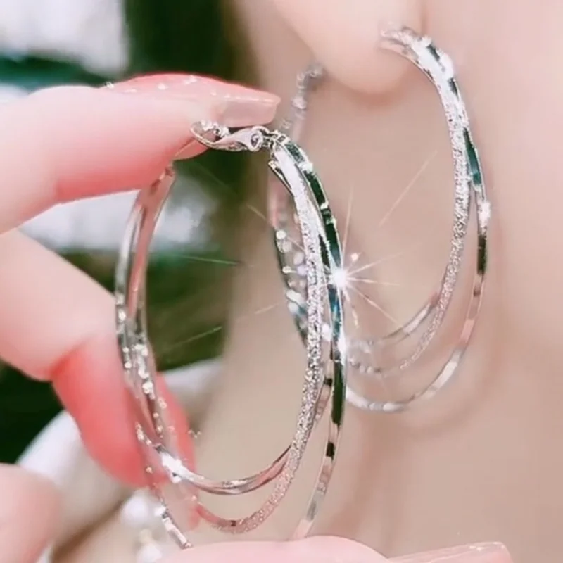 

*9999 sterling silver three-layer large earrings, female ear buckle, versatile silver needle anti allergy decoration