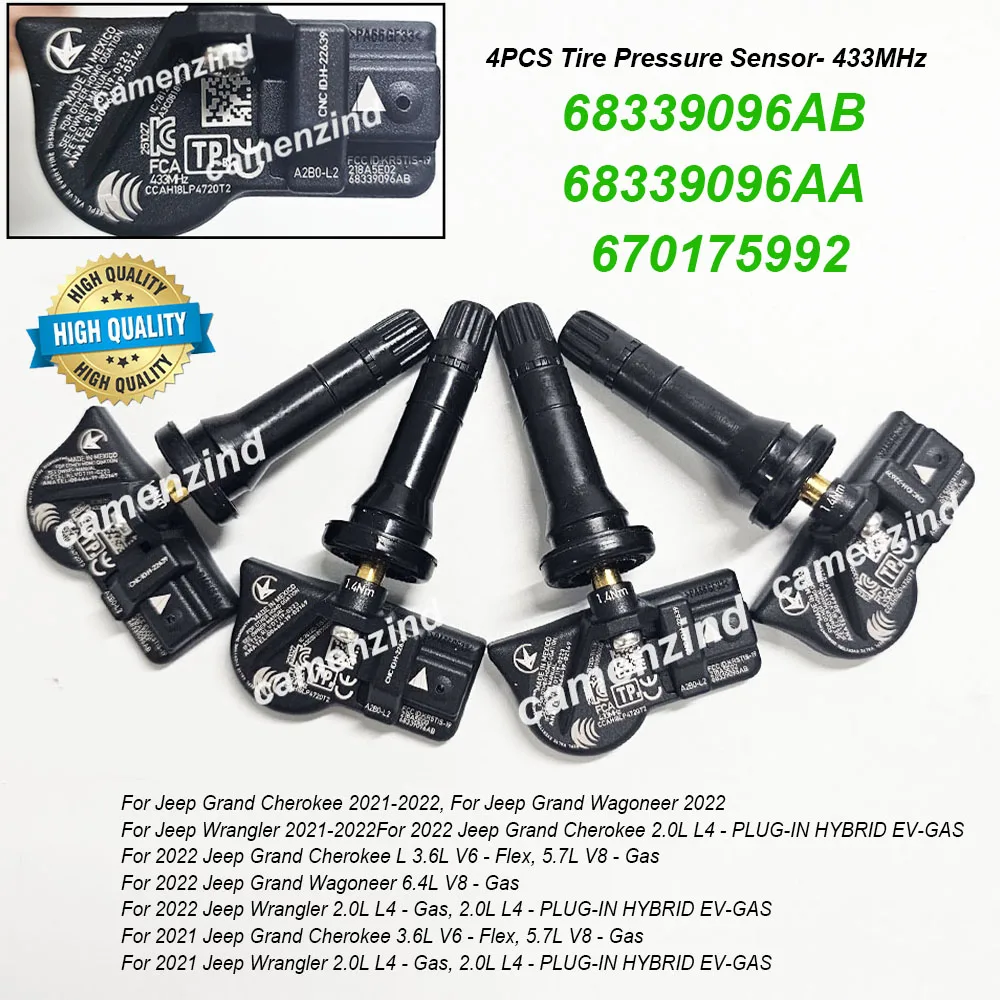 

4PCS TPMS Tire Pressure Sensor 433 MHz 68339096AB 68339096AA 670175992 high quality For Jeep Grand Cherokee Wagoneer Wrangler