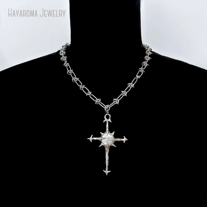 10Pcs Stainless Steel Silver Plated Barbed Wire Statement Punk Goth Edgy Pearl Cross Pendant Necklace