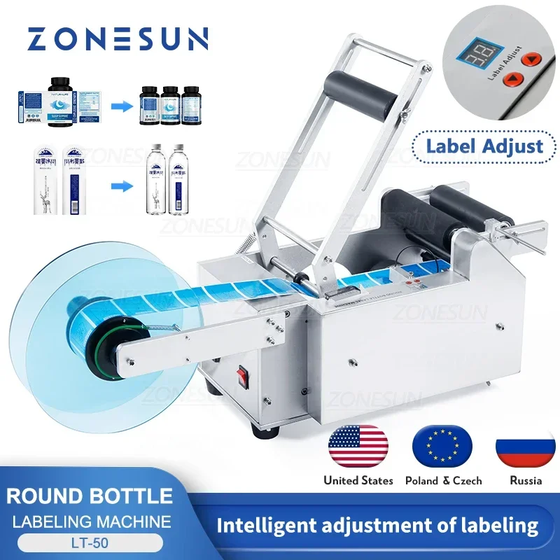 ZONESUN LT-50T آلة وضع العلامات على الزجاجات المستديرة البلاستيك آلة لصق الملصقات على الزجاجات المستديرة آلة توزيع الملصقات قضيب التسمية