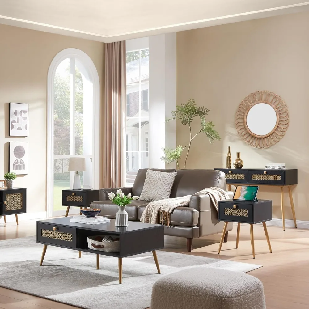 Mid Century Modern Rectangular Coffee Table with Sliding Door, Black for Living Room, Space-saving Design