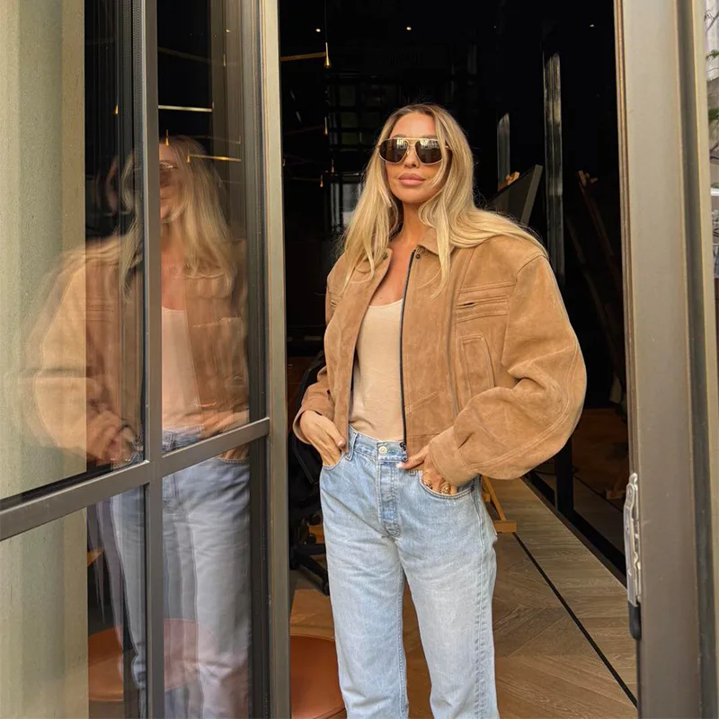 

Elegant Camel Cropped Suede Jacket Women Lapel Full Sleeve Pocket Zipper Short Coat New Causal Autumn Lady Daily Streetwear
