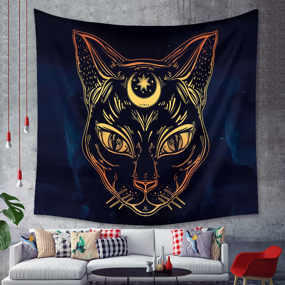 Tapiz de gato negro para decoración del hogar, arte de halloween, tatuaje gótico de Luna, colgante de pared, dormitorio, sala de estar, tela de 230x180cm