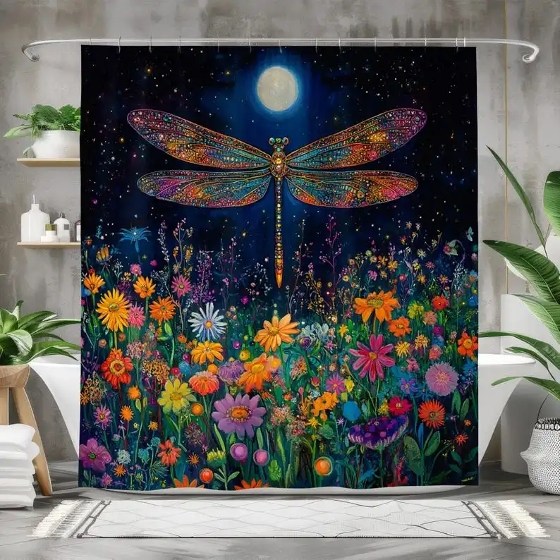 Vintage Botanical Dragonfly Shower Curtain, Dark Floral Bathroom Decor, Elegant Nature-Inspired Fabric Curtain