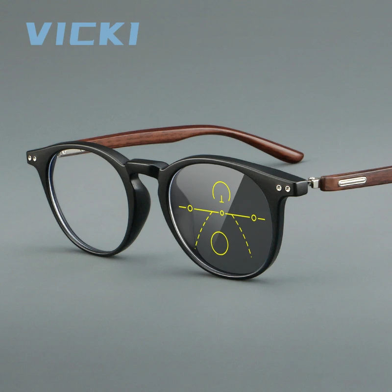 

VICKI Ретро-очки под дерево, модный тренд, настраиваемая по рецепту, защита от синего света, мультифокальные, фотохромные 00363