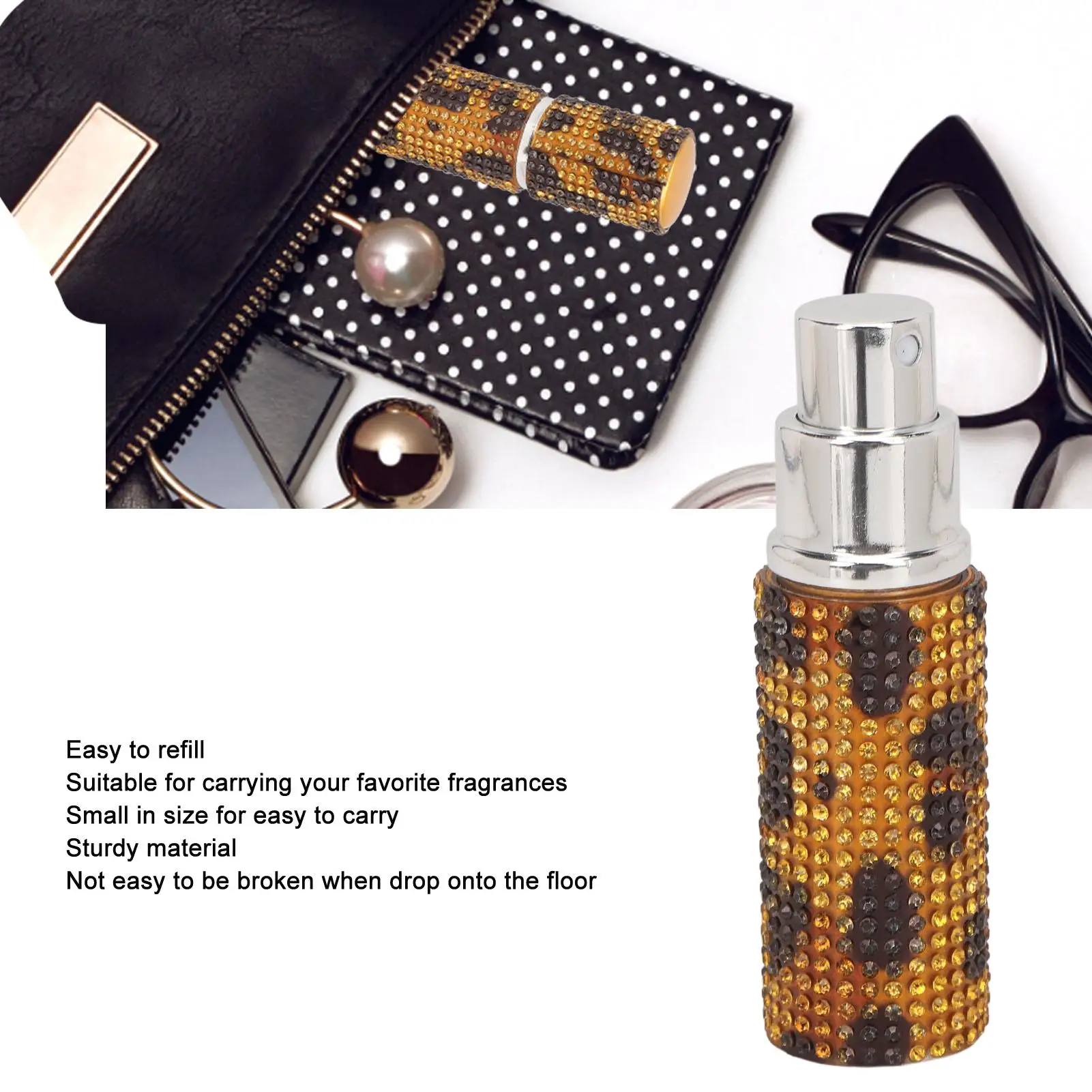 Rhinestone Perfume Atomizador, recarregável, leopardo impressão Spray garrafa para viajar, 10ml