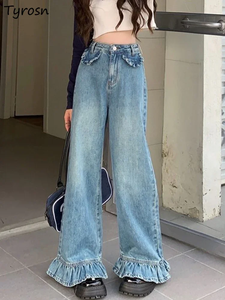 

Джинсы женские модные S-4XL дизайн для отдыха свободные простые однотонные оборки повседневные прямые с высокой талией винтажные старые милые корейский стиль