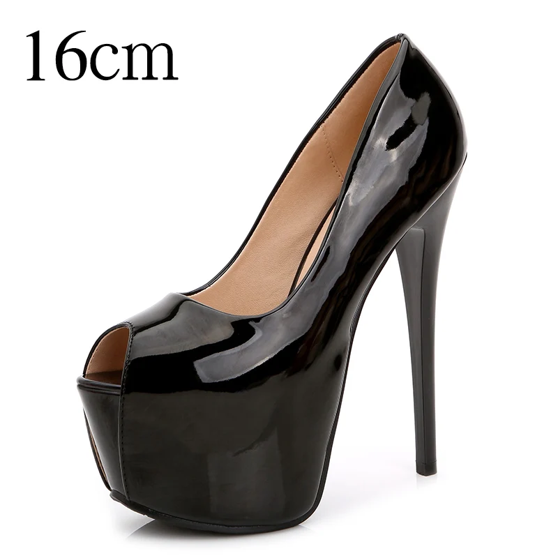 

Moraima Snc Peep Toe Platform Pumps 14CM/16CM Super High Women Dress Shoes Black Red Patent Leather Wedding Heels