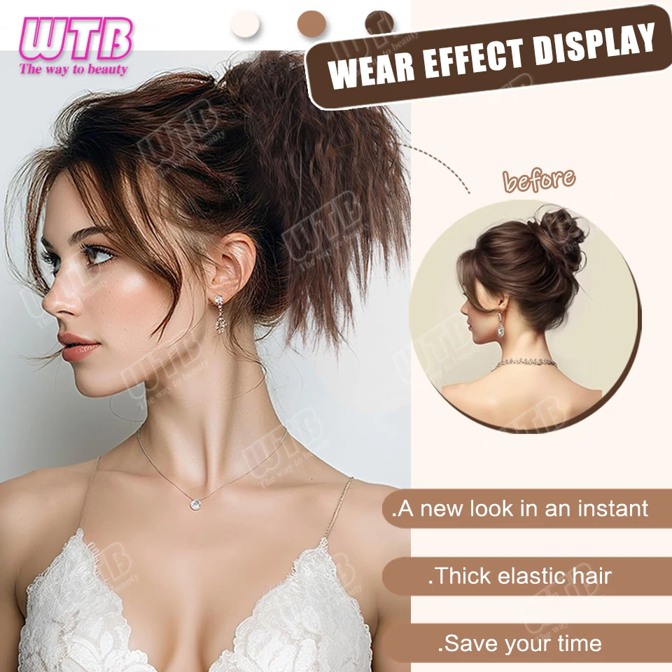 WTB Wool Curly Hair Bun Synthetic Wig with Elastic Band Style Messy Bun Wig Suitable for Women's Daily Wear and Holidays