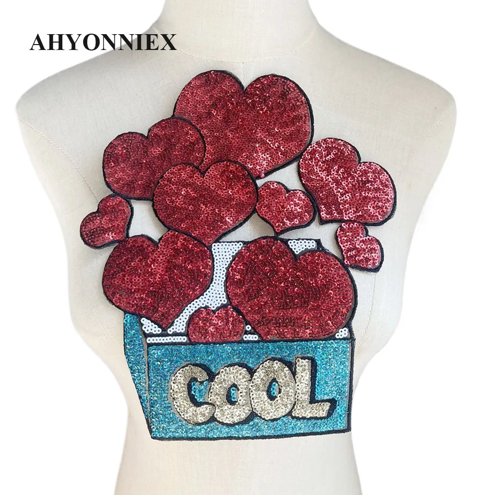 1 Piece Red Cool Sequins Heart Parch For Clothes Sticker Appliques Iron On Patches Jacket Decoration Applique