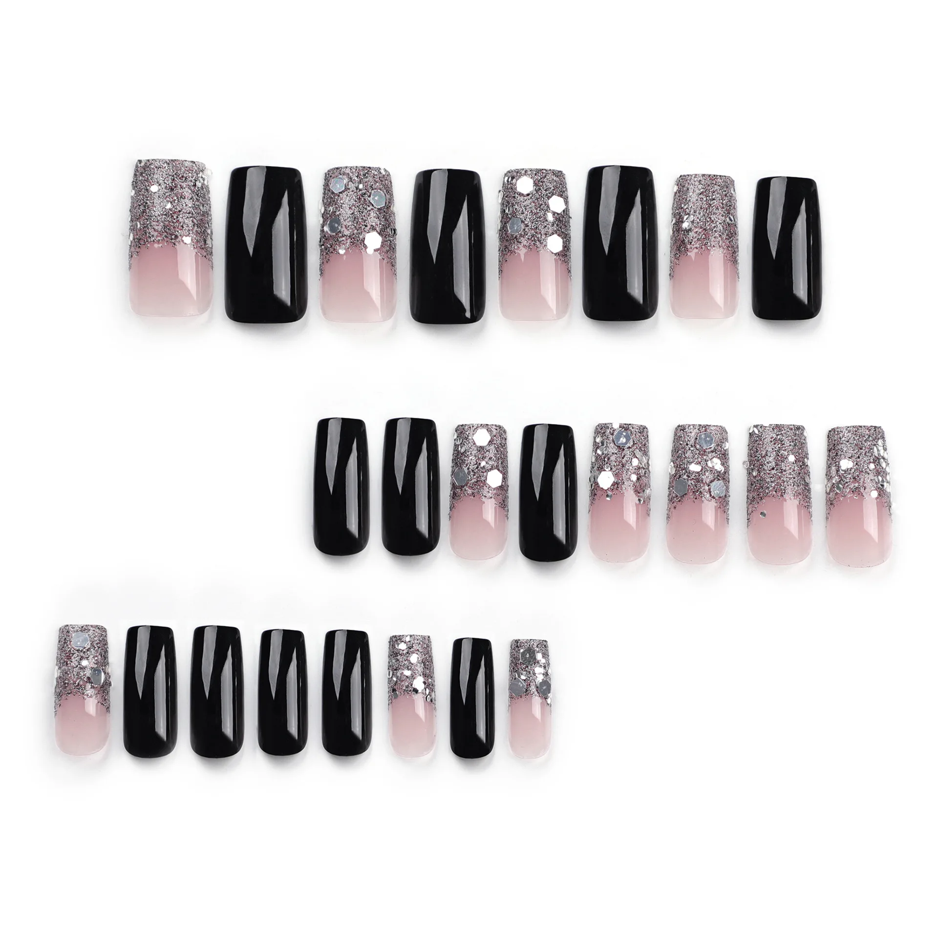 24 Stück künstliche Nägel, funkelnder Glitzer, Farbverlauf, schwarz, einfarbig, tragbar, Maniküre, zum Aufdrücken der Nägel, solide