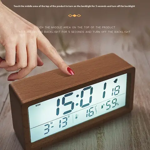 Grand écran Date température LED réveil numérique en bois multifonctionnel humidité rétro-éclairage 12/24 heures Snooze horloge de Table