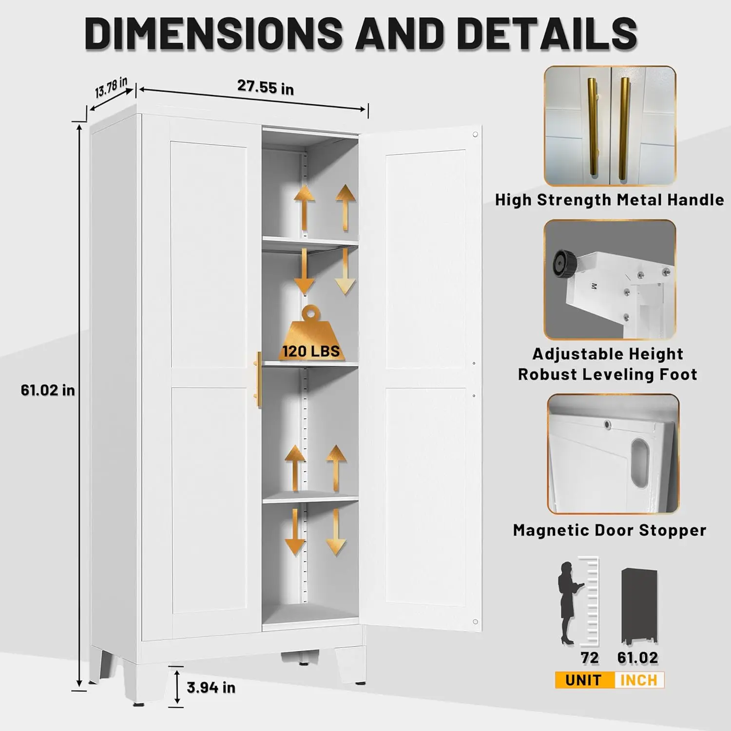 White Storage Cabinet, Kitchen Pantry Storage Cabinet with Doors and Shelves, Storage Cabinet with Adjustable Leveling Foot for