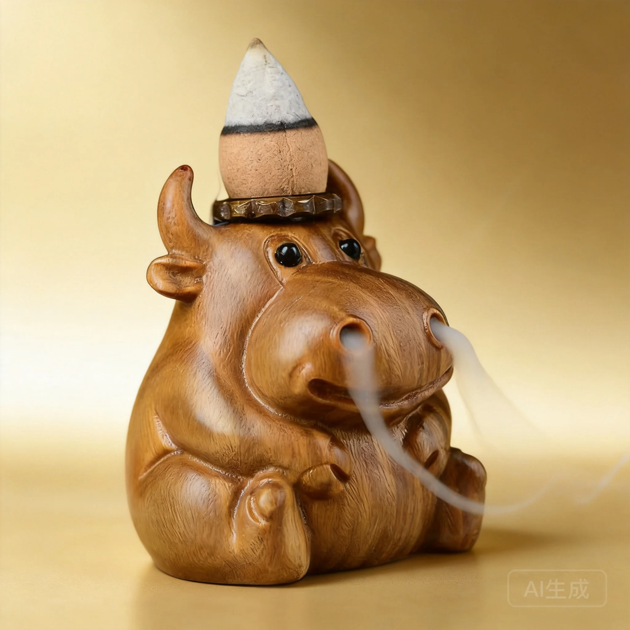 Chinese Style Feng Shui Lucky Auspicious Wealth Attracting Hand Carved Wooden Cute Ox Backflow Incense Burner Holder Small 5.5cm