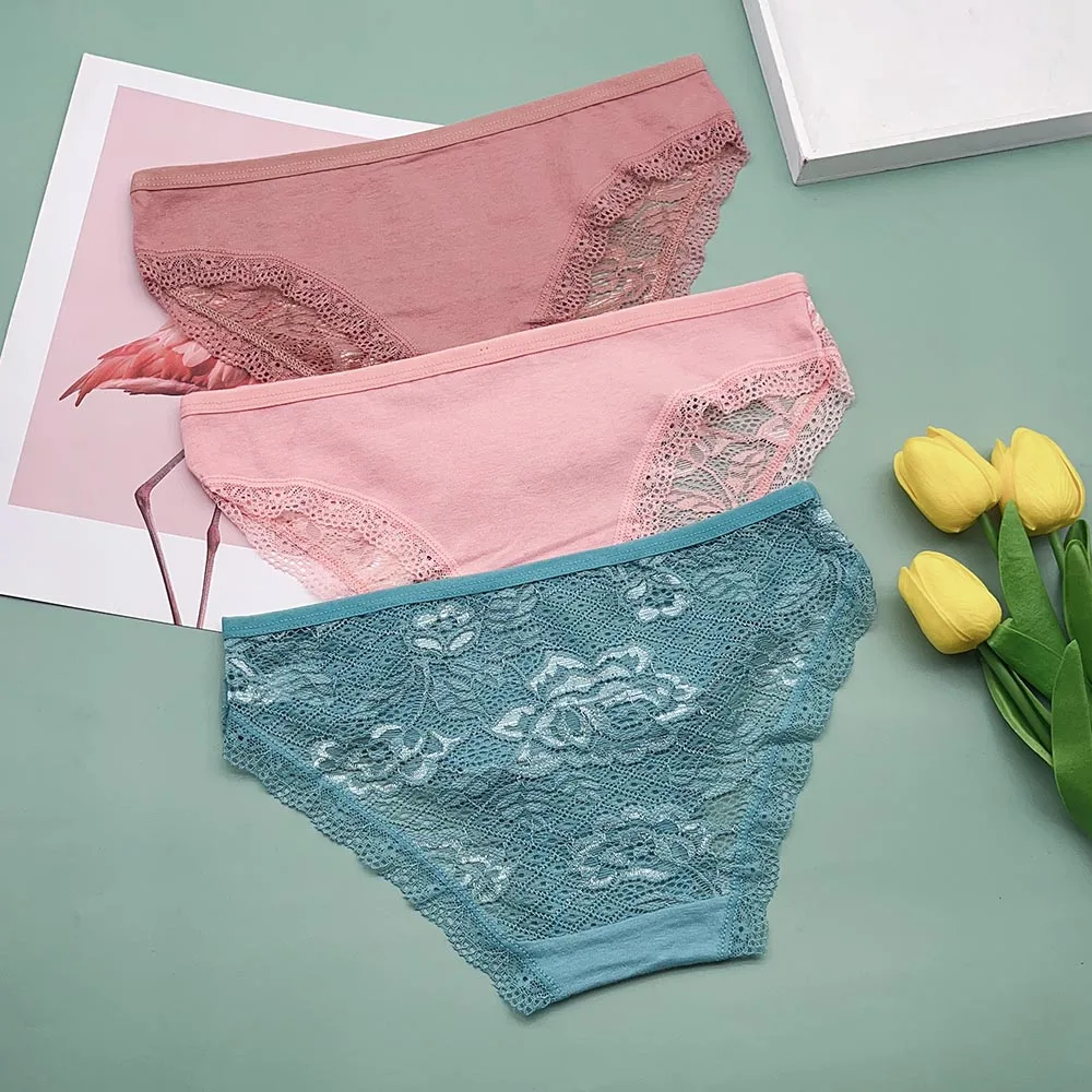 Moonflame 3 PCS/SET Women\'s Lace Panties Sexy Hollow Out Underwear Briefs Female Solid Color Lingerie Floral Intimates