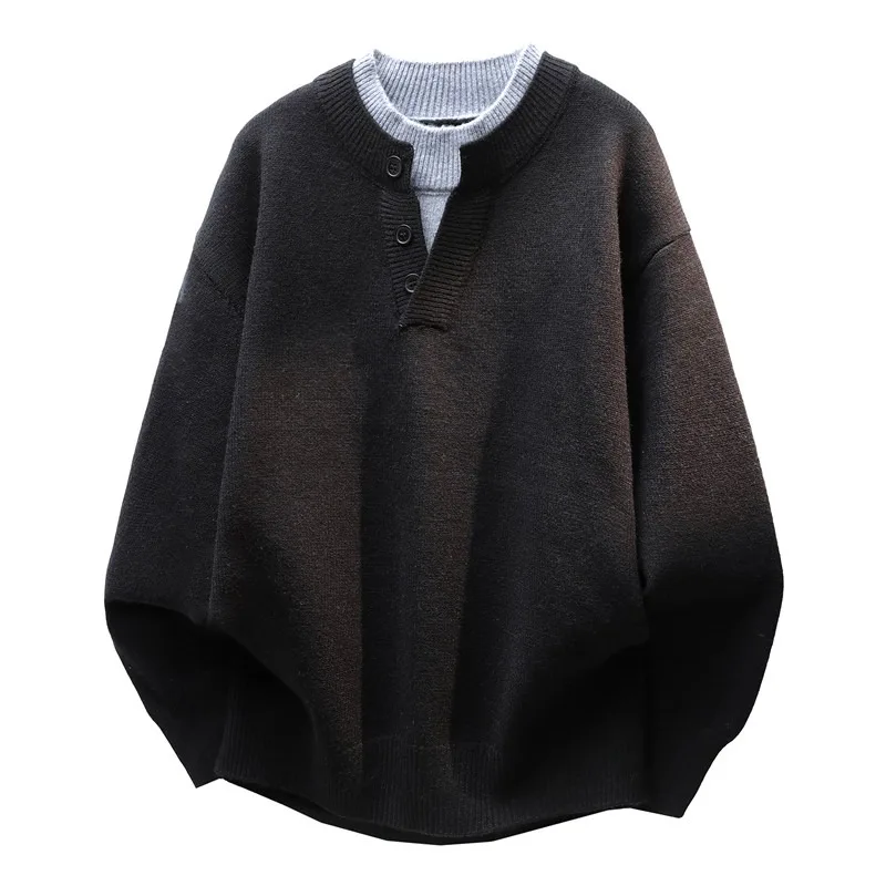 Herren-Strickpullover im Old-Money-Stil mit Henley-Kragen, locker geschnitten, Oversize, Plus Size, lässige Strickware, Oberbekleidung für den Alltag – Detail 5