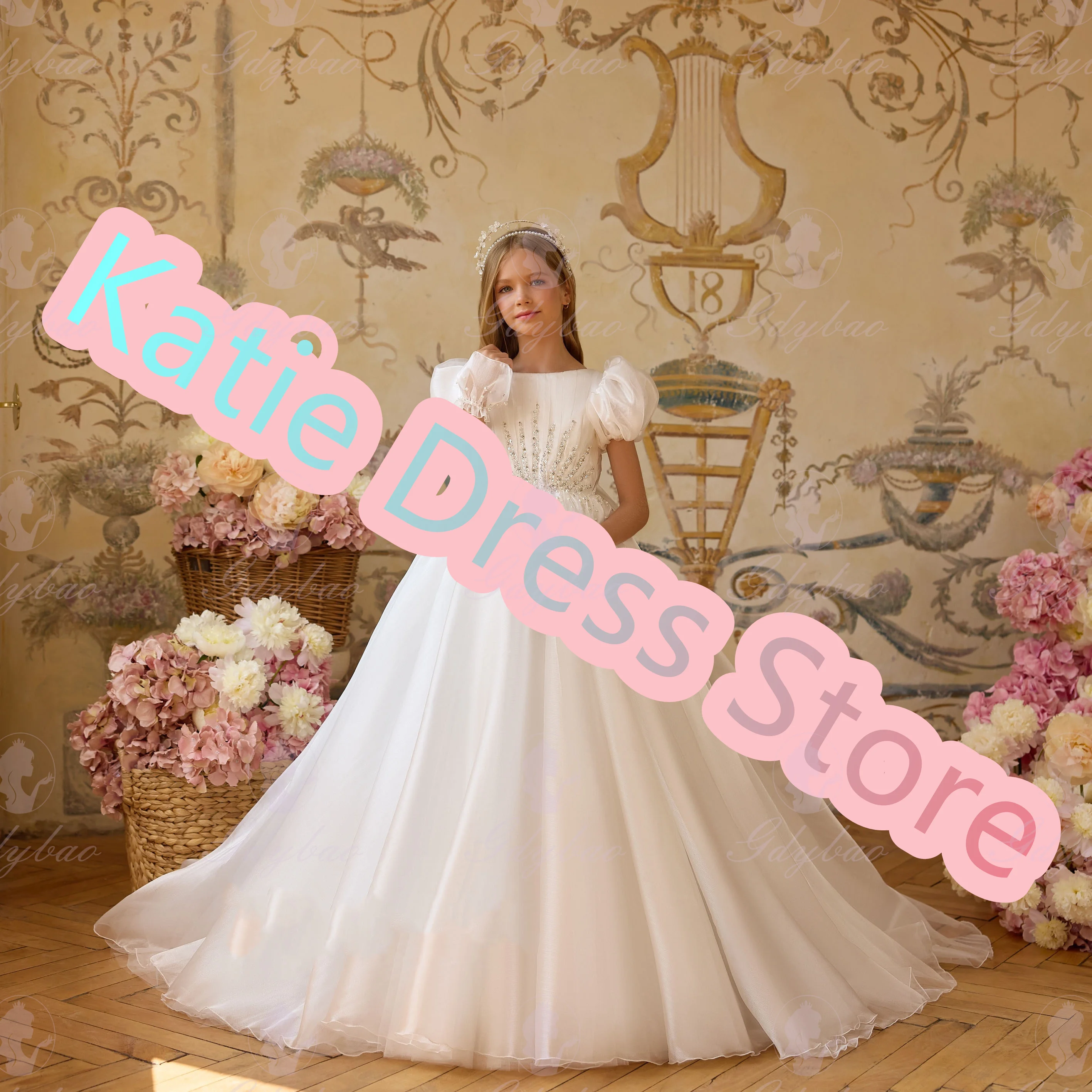 결혼식을위한 우아한 꽃의 소녀 드레스 Applique 구슬 Tulle Puffy Kids 생일 파티 첫 성찬식 공 가운 맞춤형