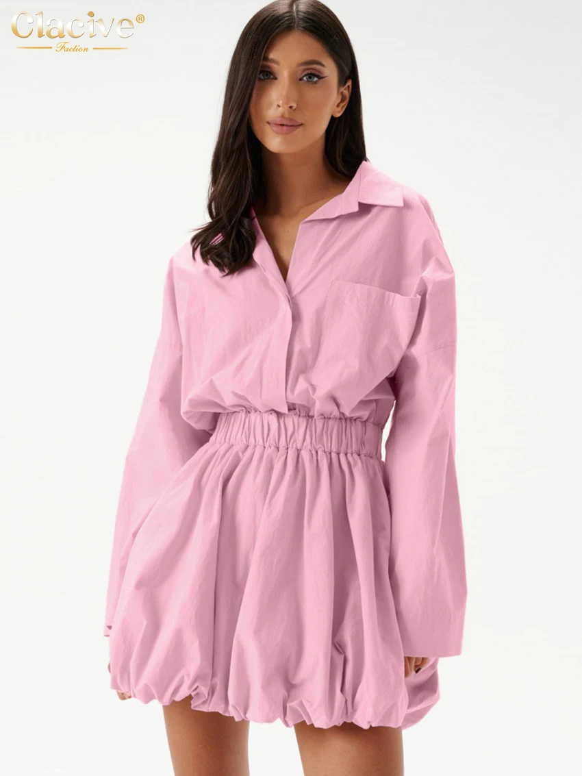 

Clacive Fashion Loose Pink Cotton Women's Dress 2025 Casual Lapel Long Sleeve Mini Dresses Elegant Classic Pleated Female Dress