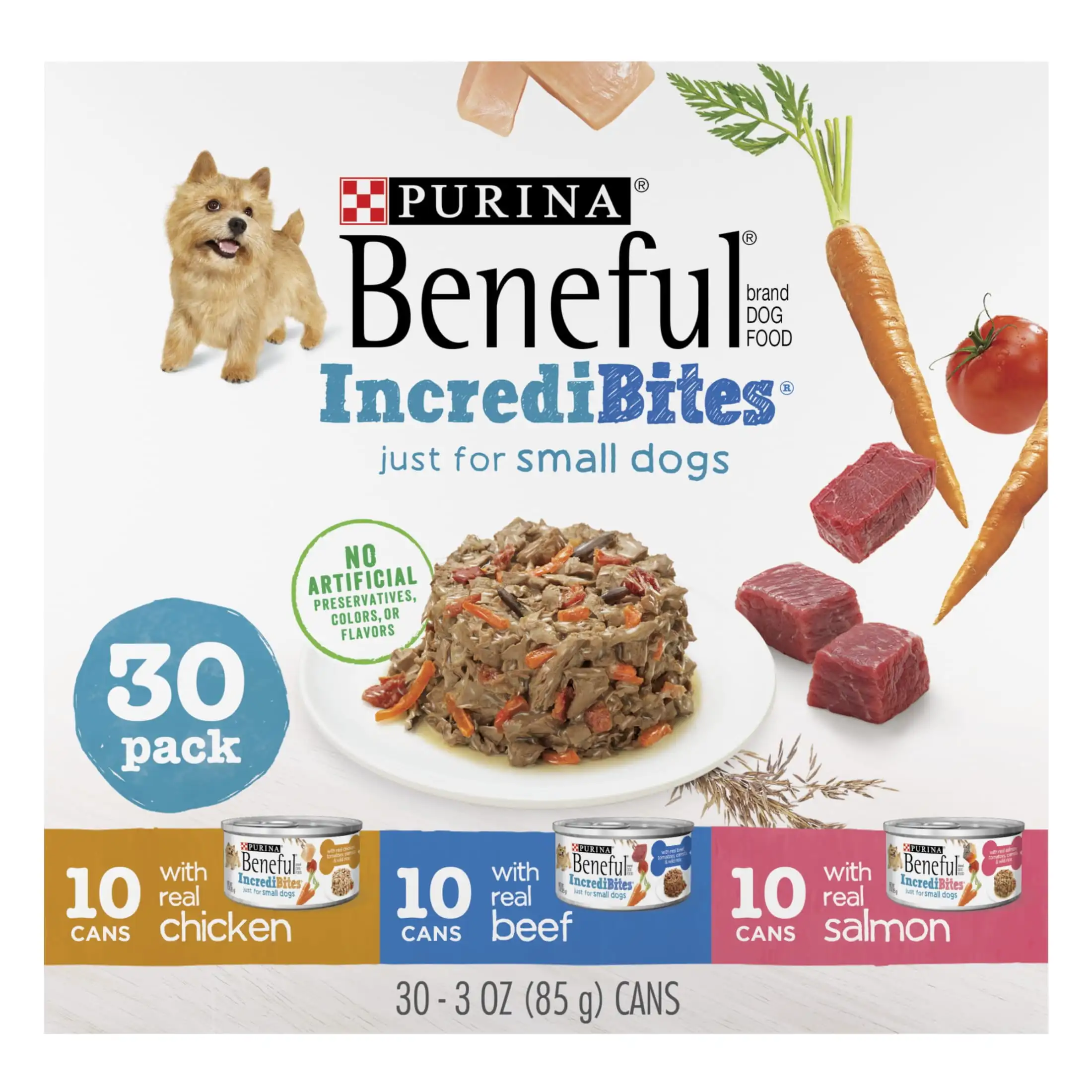 

Purina IncreditBites Small Wet Dog Food Soft Chicken, Beef & Salmon, 3 oz Cans (30 Pack)