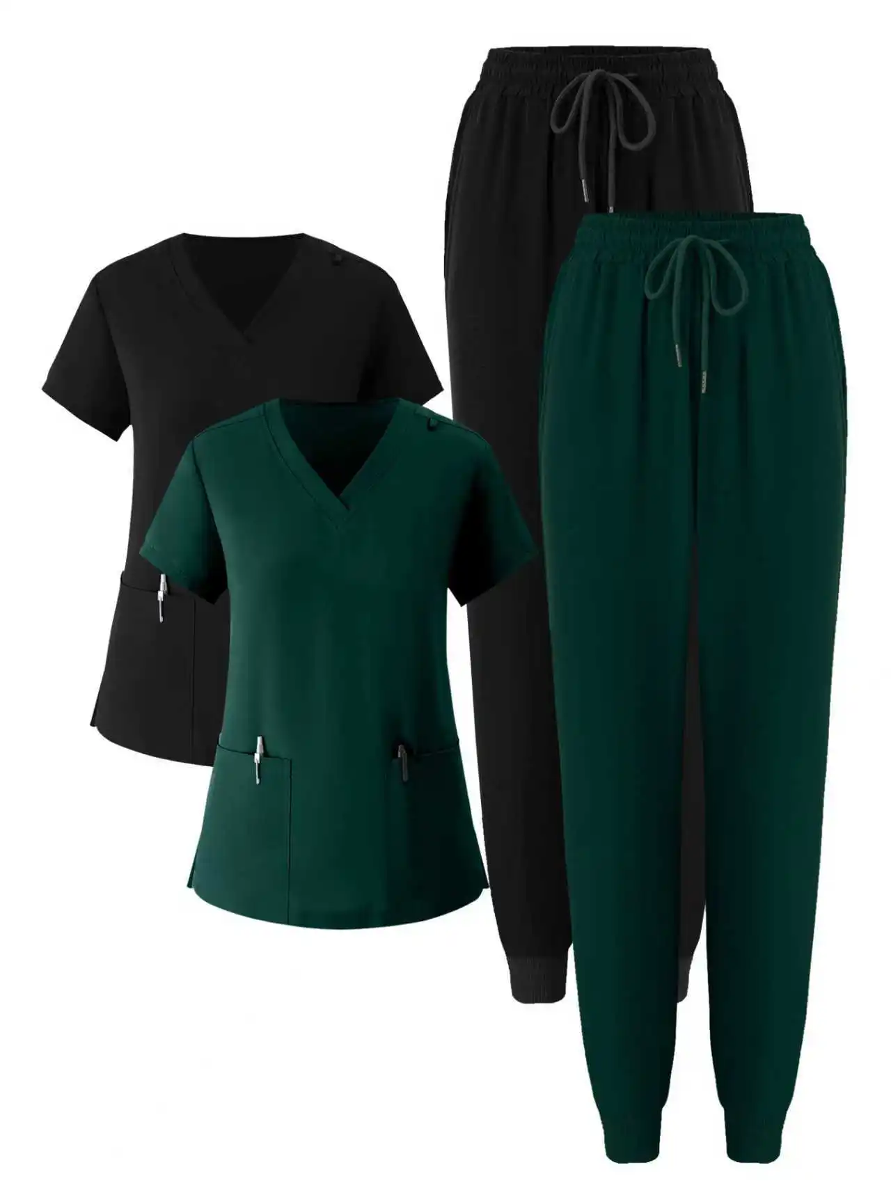 (Zestaw czteroczęściowy) Strój medyczny damski, elastyczny, sportowy, do biegania, matowy, oddychający, do pielęgniarstwa, odzież robocza, strój do prania.