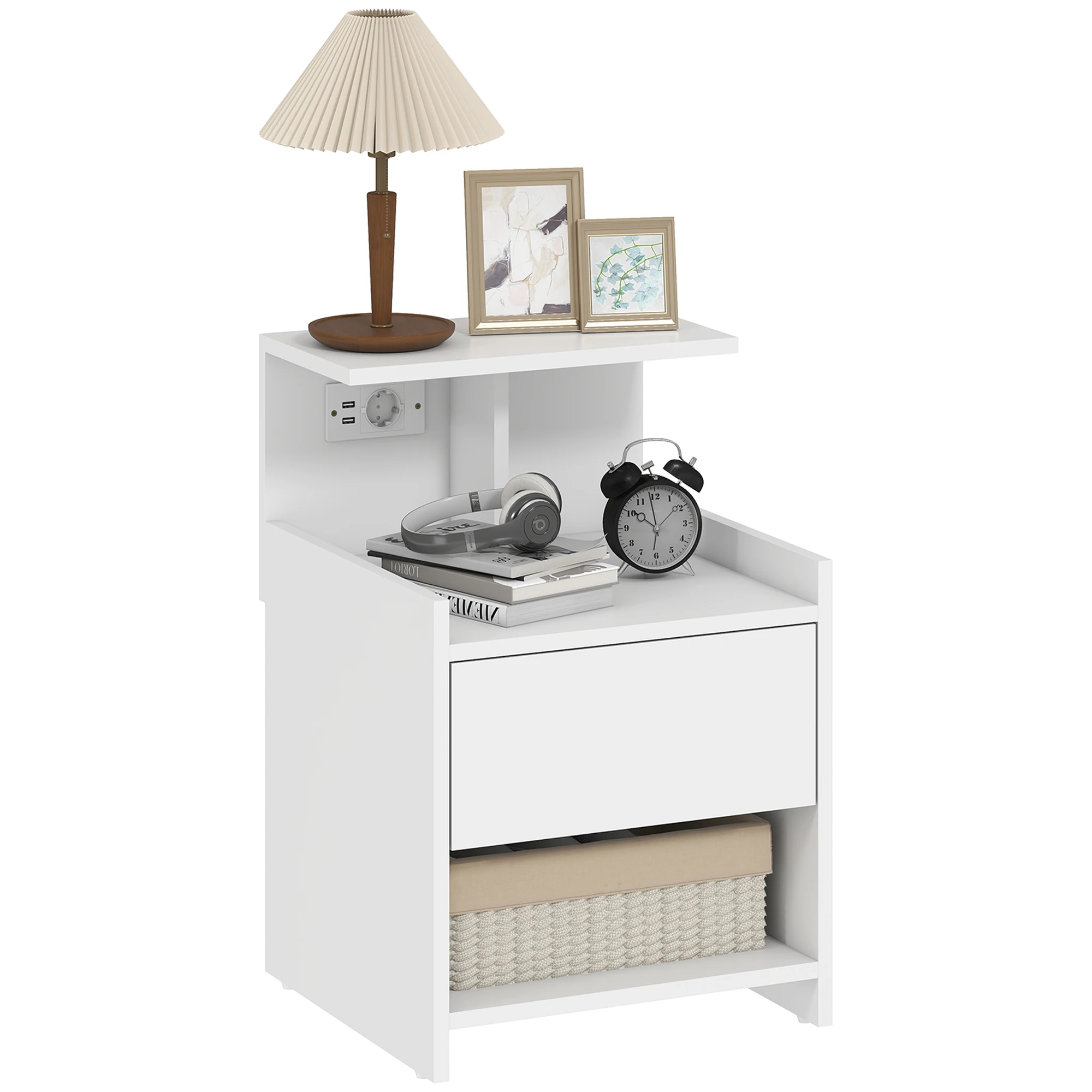 HOMCOM Mesita de Noche con Estación de Carga, Mesilla de Noche Dormitorio con Puertos USB, Cajón y Estantes Abiertos, para Salón