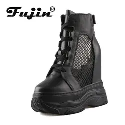 Fujin 14cm 2024 Air Mesh Mid Calf Thick Heels Boots Genuine Leather Breathable Platform Wedge Fashion Summer Hollow Women Shoes