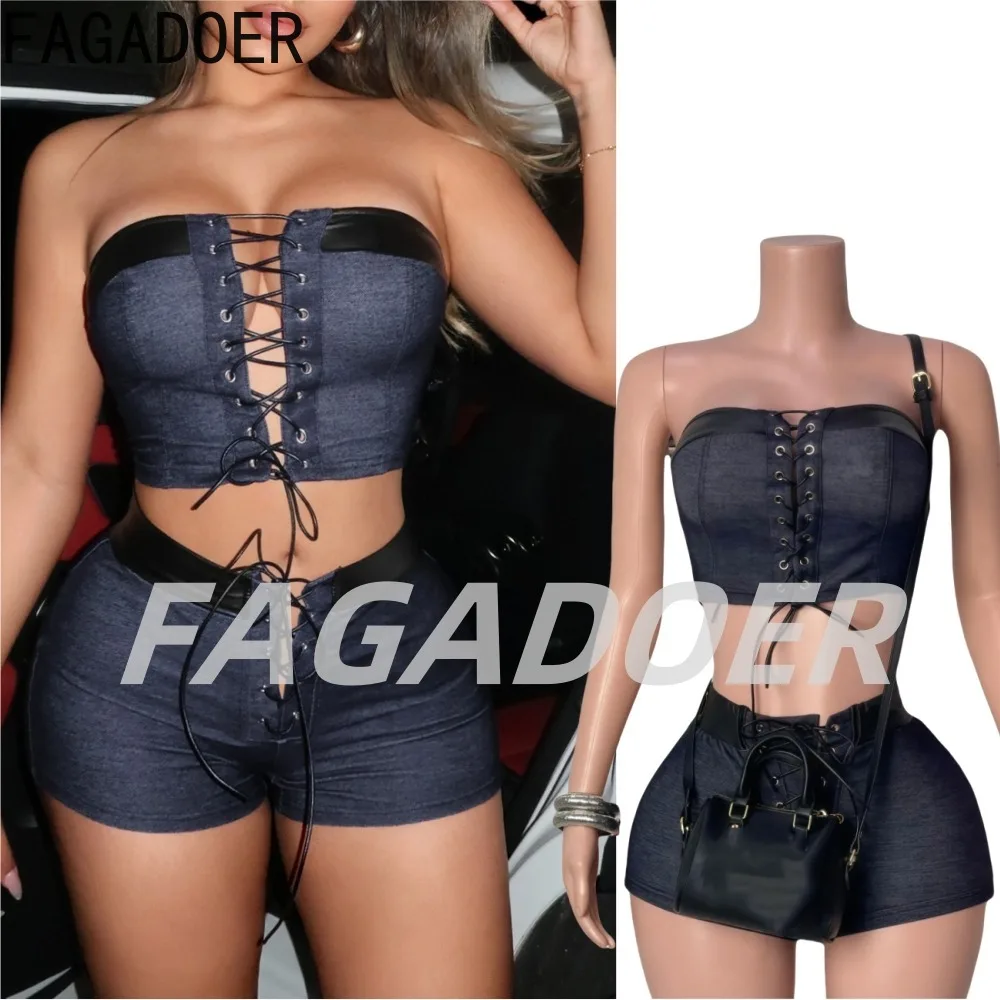 

FAGADOER Sexy Bandage Patchwork 2 Piece Sets Woman Outfit Sleeveless Backless Crop Top + Shorts Matching Suits Female Streetwear