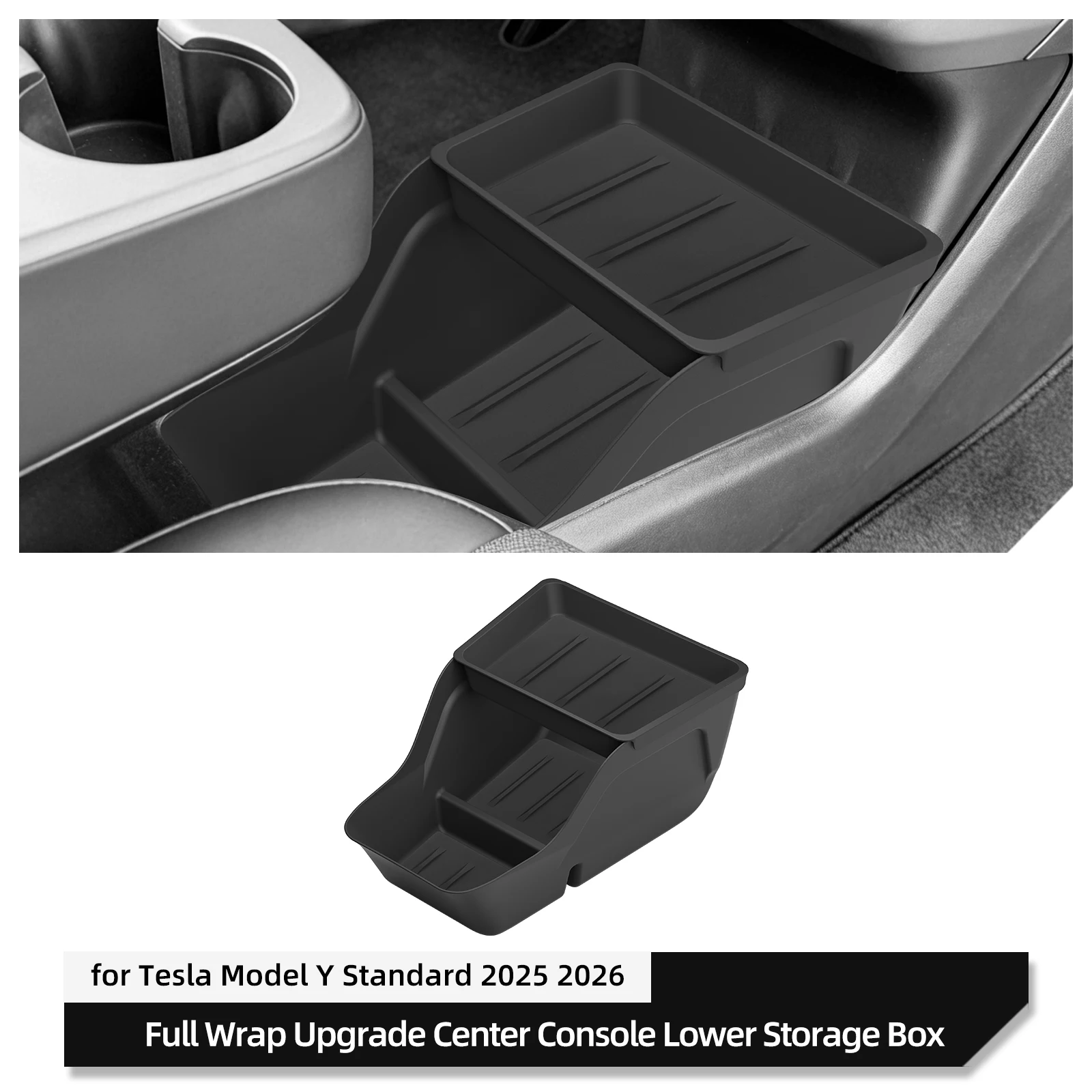 LUCKEASY für Tesla Model Y Juniper Standard RWD 2026 2025 Mittelkonsole Untere Aufbewahrungsbox Vollumfassende Ablage ABS Organizer Schwarz – Detail 8