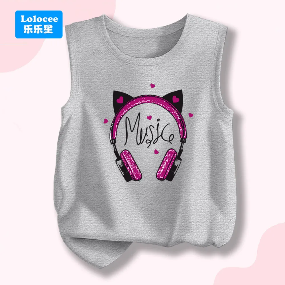Cute Cat Ear Headphone Print T-shirt Vest Girls' Graphic Music Lover Tank Top Kids Sleeveless Crew Neck Casual Top EJM1