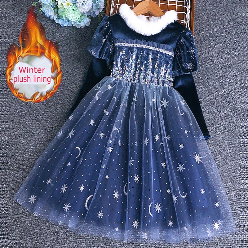 

Kids Spring and Autumn Snow and Ice Princess Velvet Dress for Girls Long Sleeves Party Frocks Blue Corduroy 4-10 Years Old