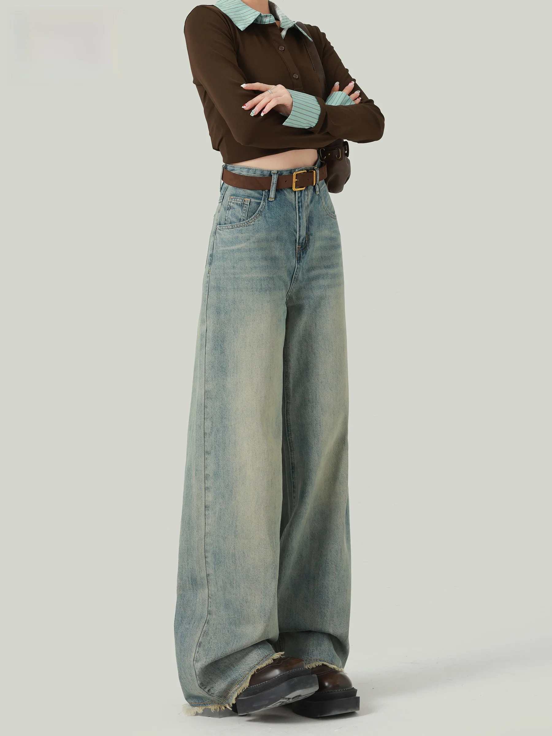 

Американские джинсы с высокой талией и широкими штанинами для женщин, осенне-зимние, новые, с эффектом потертости, винтажный дизайн, с рваными краями, длина в пол