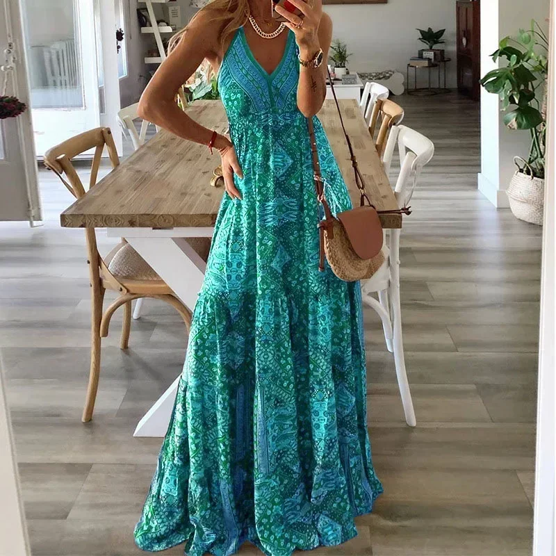 Bohemian Dress Women's Long Sexy Printed Sleeveless A-line Slip Dresses Female  Spring Elegant Fashion Beach Ladies Clothes