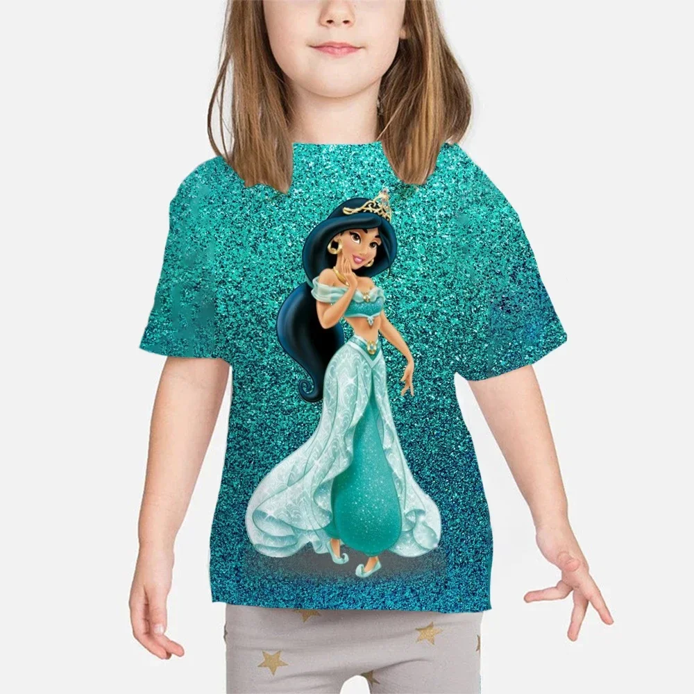 Summer Disney Princess Jasmine 3d Peint T-shirt Girl Cartoon Short Sleeve Street T-shirt Girls Casual T-shirt