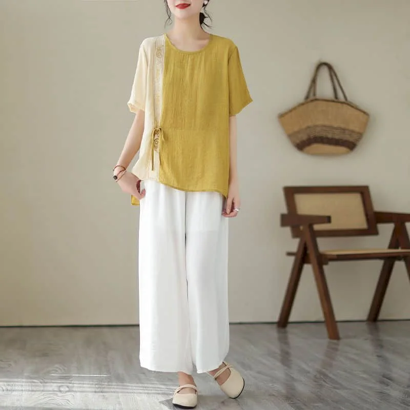 Casual Pants Sets Vintage O-neck Short Sleeve Shirts and Straight Pants Loose Summer Korean Style Two Piece Sets Women Outfits