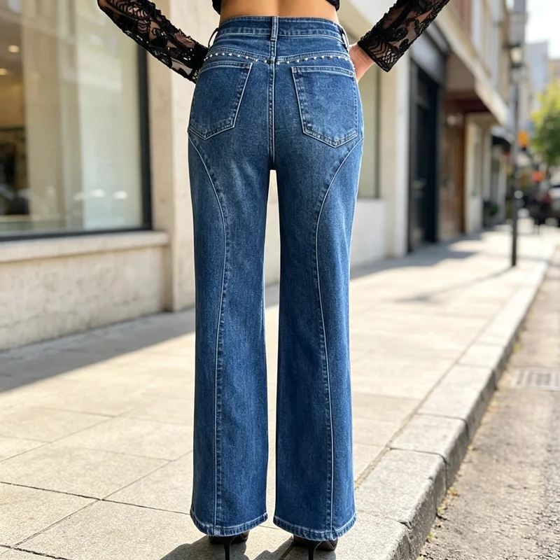 Women Rivet Studded Straight Leg Jeans Curved Seam Metal Bead Loose Wide Leg Denim Pants American Street Casual Daily Trousers