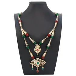 Sunspicems Chic Arabic Double Chain Necklace Round Stone Beaded Necklace Flower Pendant Gold Color Algeria Bride Wedding Jewelry