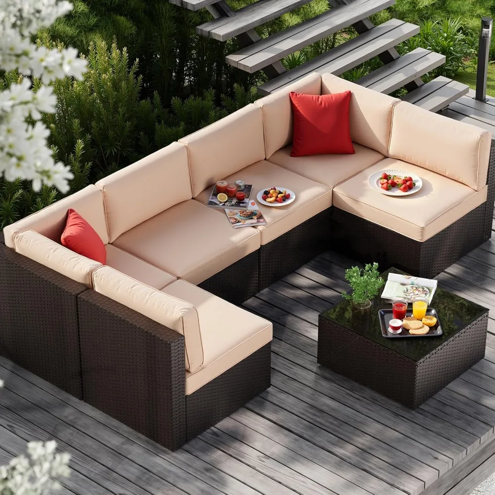 

7 Pieces Patio Furniture Sets, Outdoor All-Weather Wicker Patio Conversation Sets, L-Shaped Rattan Sectional Patio Sofa.